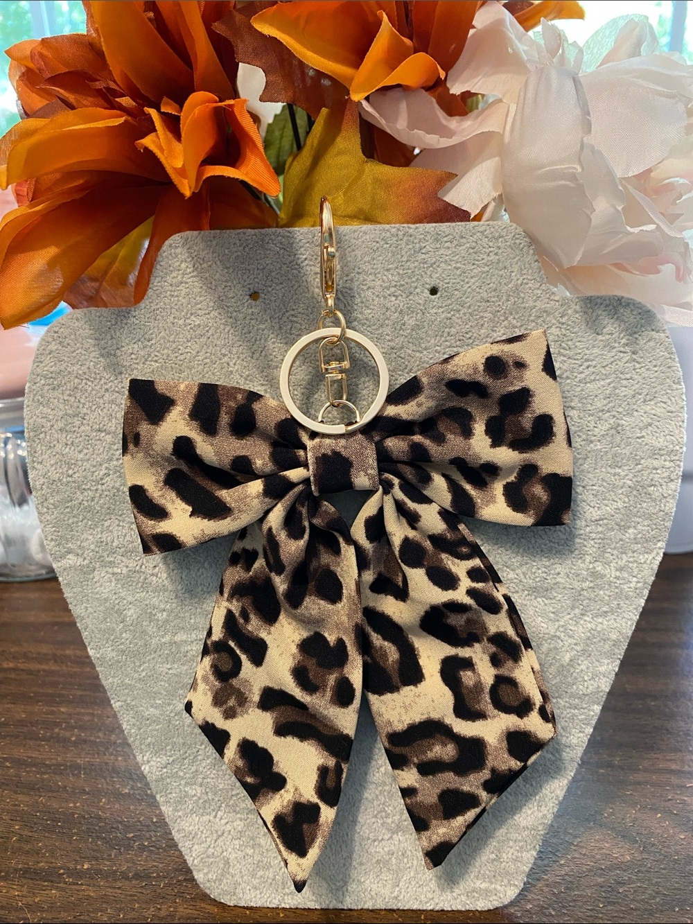 New in Package Leopard Print Bow Keychain Bag Charm - Beige and Black
